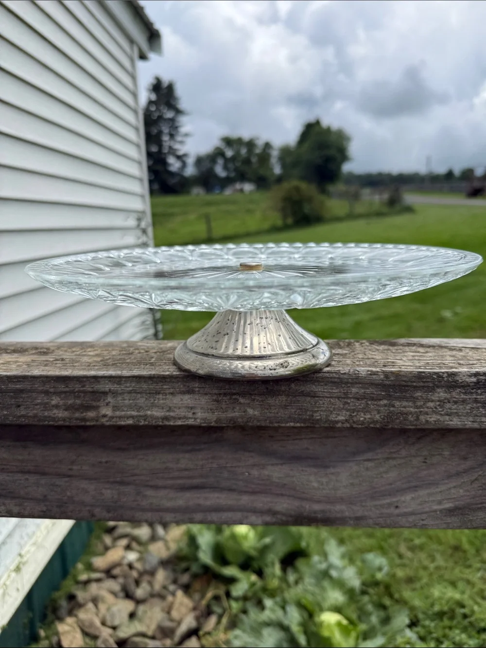 Glass and Silver-Tone Pedestal Cake Stand - Clear early 19th century design EAPG